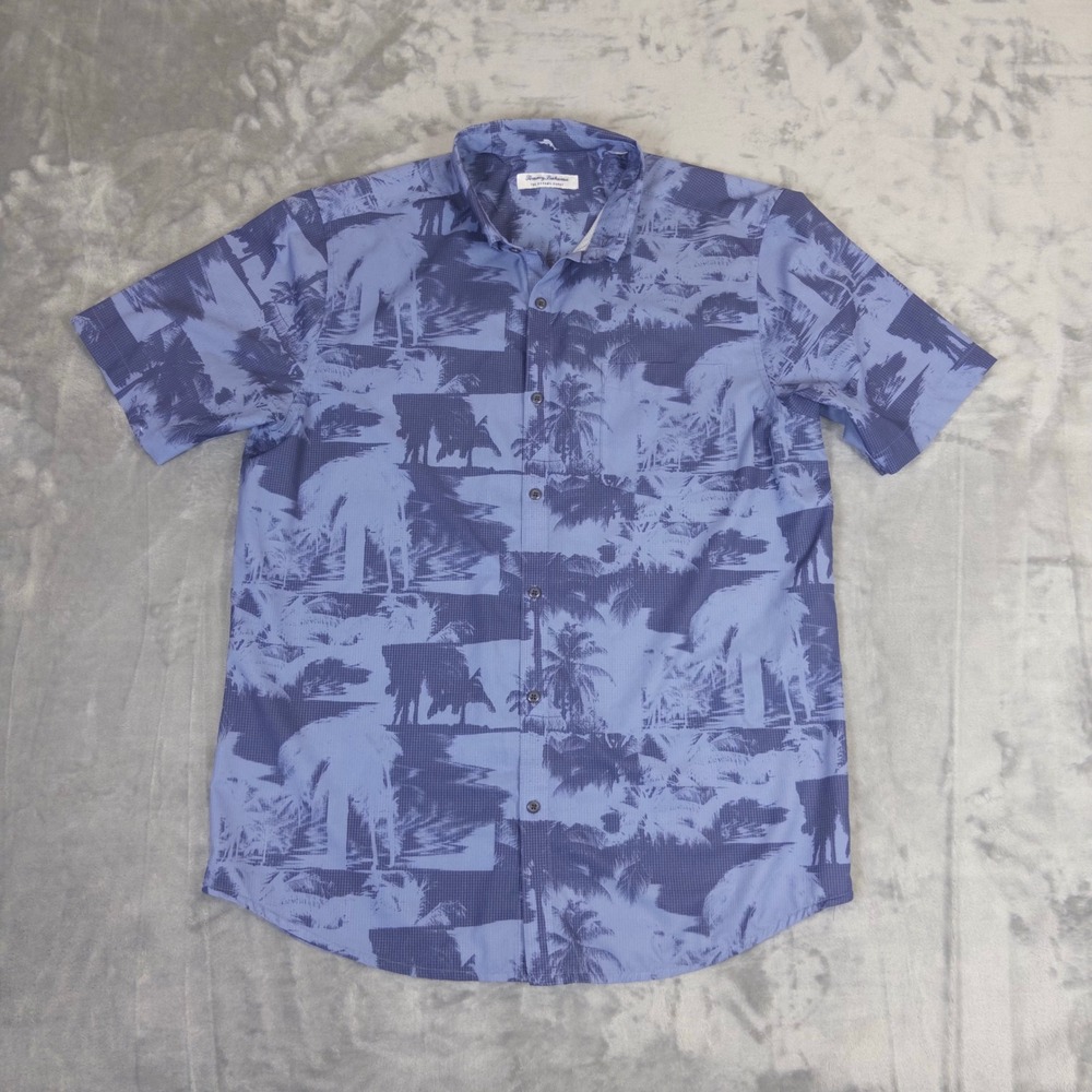 Tommy Bahama Button Down Shirt Mens Large Blue Tropical Palm Tree Bahama Coast